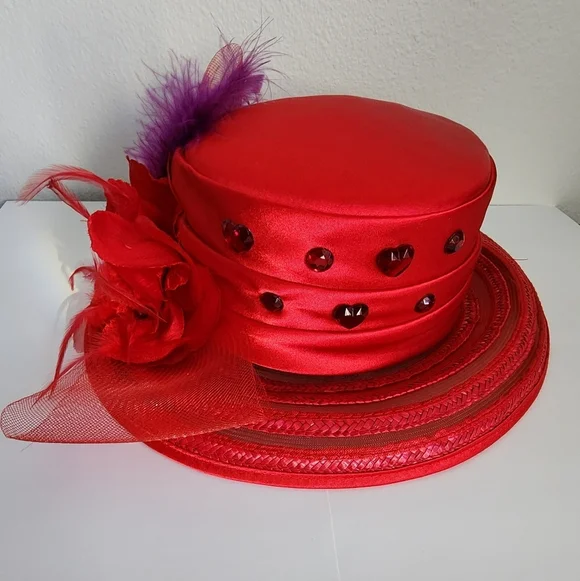 Get Lucky / Purple / Red Hat Lady/ Purse / Tote & Red Feather Hat w/Heart Gems - Picture 9 of 16